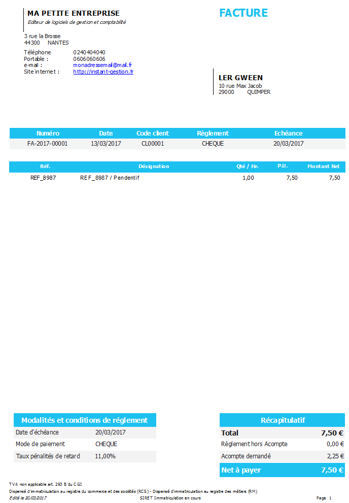 Exemple d'édition de facture INSTANT-GESTION me PREMIUM 2022