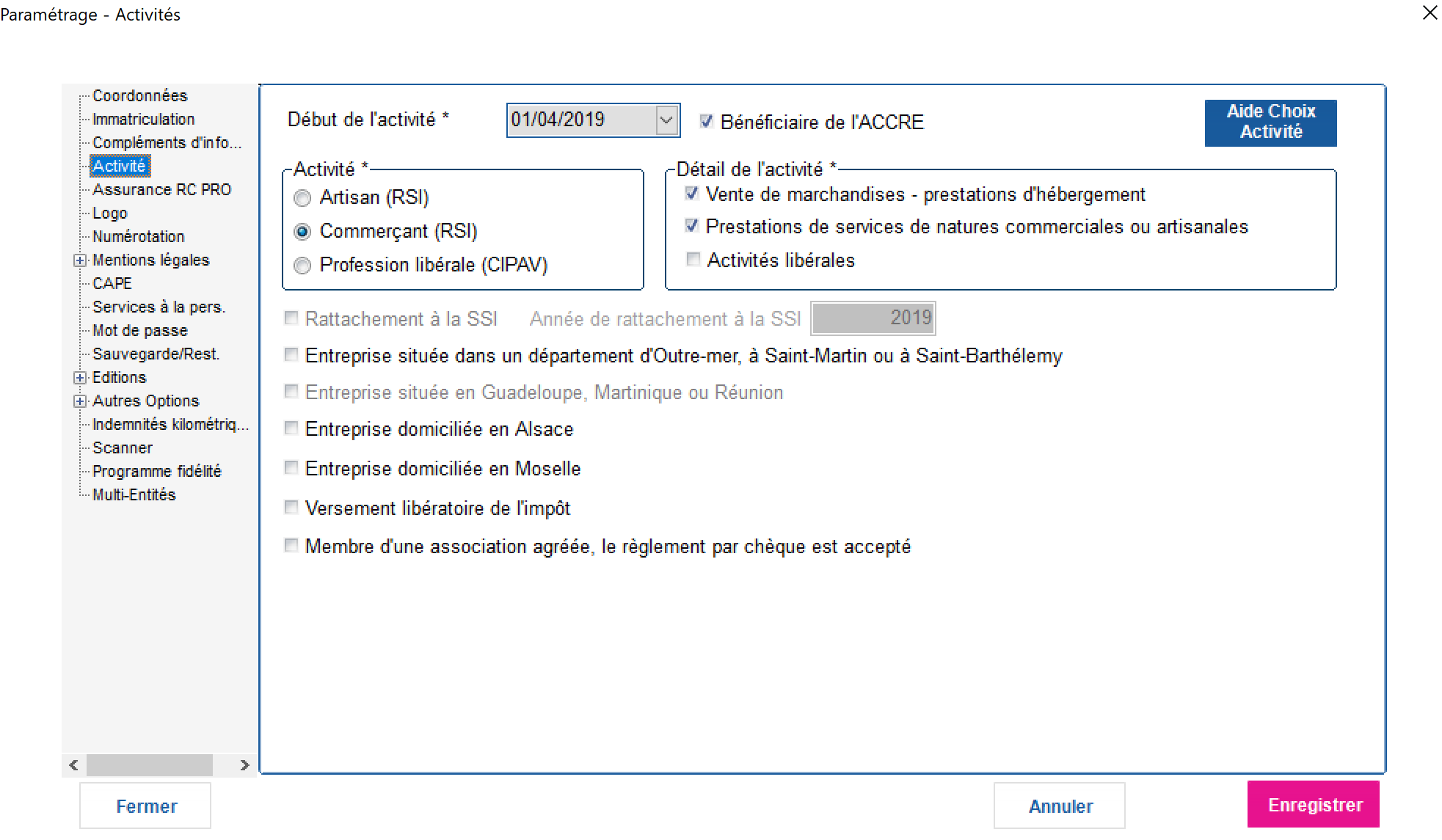 Déclarer votre  activité dans Instant-Gestion  ME CLASSIC